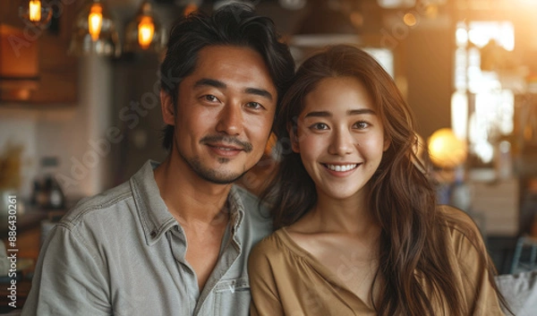 Fototapeta A man and a woman are smiling at the camera while sitting in a cafe.