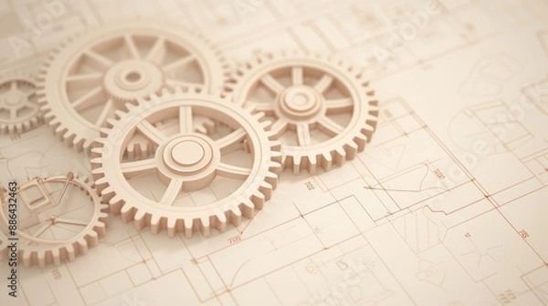 Fototapeta A steampunk-inspired blueprint of a mechanical device, with intricate gears and cogs, sepia tones