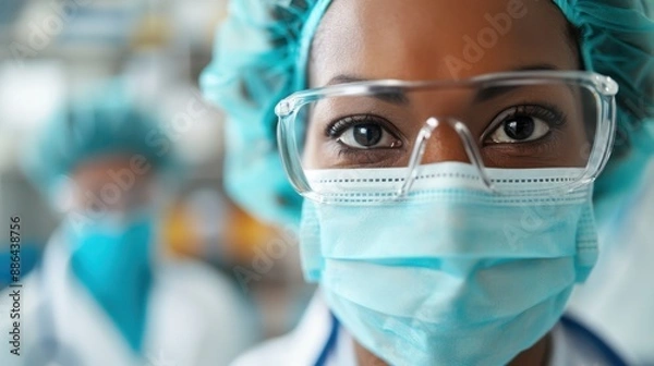 Fototapeta A team of medical professionals wearing protective gear, focusing on a task. The background shows a medical environment, highlighting their dedication and expertise.