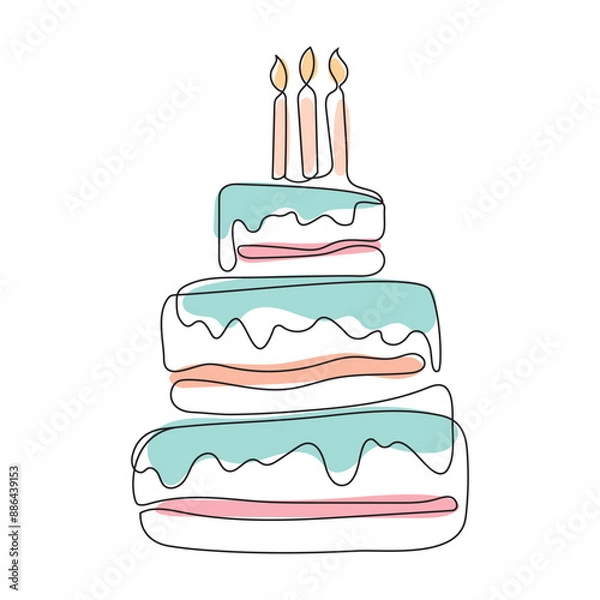Obraz birthday cake with candles in line art style, isolated vector illustration on white background, design element for birthday cards,poster,invitation,banner,background,wedding,logo
