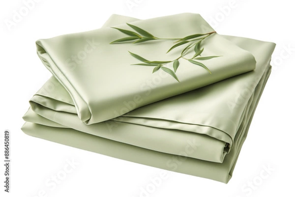 Fototapeta Soft Sage Green Bamboo Sheets With Delicate Sprig of Green Leaves on a White or Clear Surface PNG Transparent Background