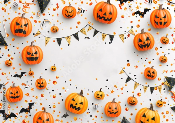 Obraz Vector illustration of Halloween empty white background with flags party decorations.