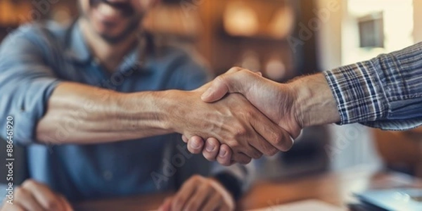 Fototapeta A couple shakes hands over a table in a professional setting
