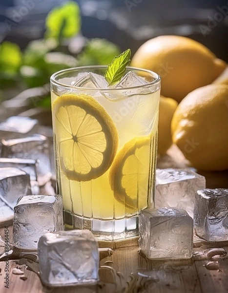 Fototapeta A close up of a steamy glass of lemonade with a slice of citrus and ice cubes on the bottom of the glass, with a blurry background. Food and drink background