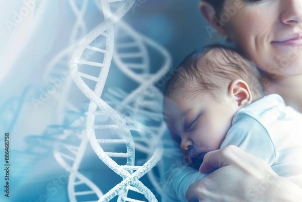 Fototapeta The Unfolding Mystery of Life: A Newborn's Sleep Enveloped by the Spirals of DNA