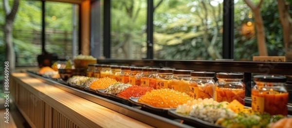 Fototapeta Japanese Restaurant Counter with Various Seafood Delicacies