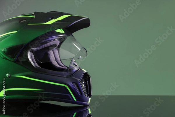 Obraz Modern motorcycle helmet with visor on mirror surface against grey background. Space for text