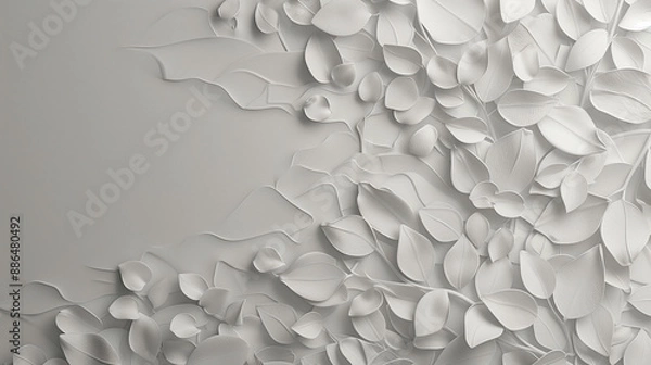 Fototapeta Elegant 3D background with white pastel leaves: minimalistic and stylish design, plaster, paint strokes.