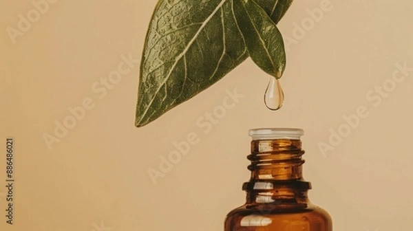 Obraz Essential Oil Dropping from a Leaf