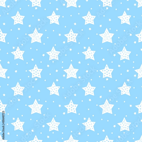 Fototapeta Seamless pattern with cute stars for kids. Baby shower blue vector background. Child drawing style xmas pattern.