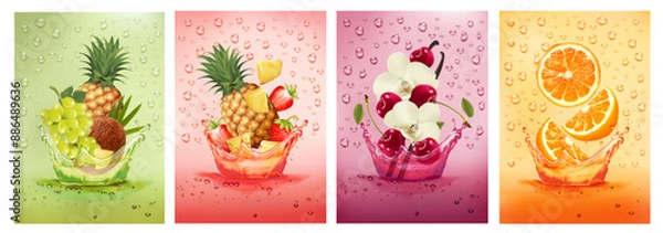 Obraz Fresh fruits drink splashing together- coconut, vanilla, pineapple, cherry, strawberry, grape, orange juice drink splashing. 3d fresh fruit. Vector illustration