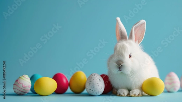 Obraz A white bunny sits with a variety of painted Easter eggs against a blue backdrop, symbolizing Easter celebrations