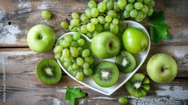 Obraz A heart-shaped plate loaded with green fruits, such as kiwis, green apples, and grapes, placed on a wooden table.