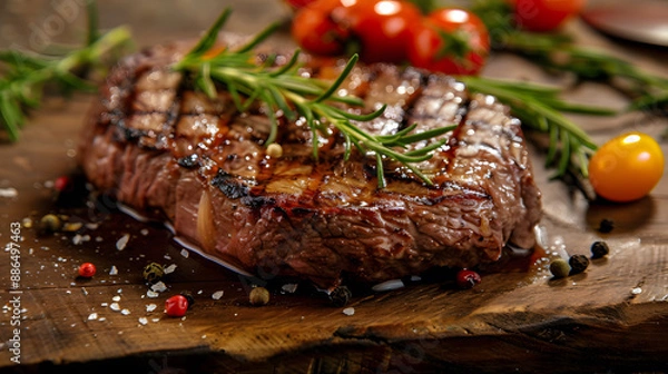 Fototapeta Fresh juicy delicious beef steak on a dark background. AI Generated