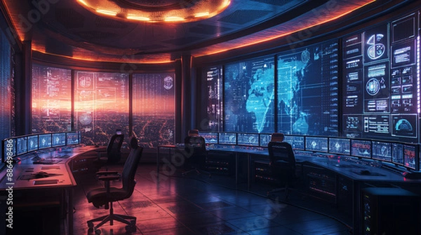 Fototapeta a futuristic network security hub, epitomized by large screens visualizing real-time data and cutting-edge tech, embodies the high-tech ambiance of modern AI management in a grand, epic style.