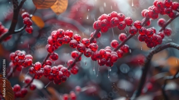 Fototapeta Red berries forming a DNA molecule shape with droplets of water, outdoors in a rainy autumn setting.
