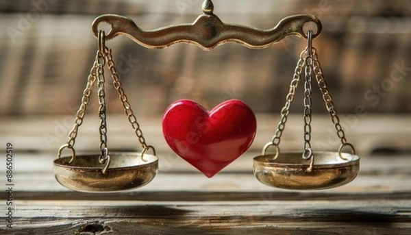 Obraz Red Heart Balanced On Antique Brass Scales