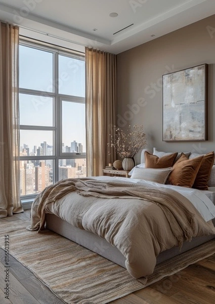 Obraz Contemporary Bedroom A sleek bedroom with a platform bed, neutral color palette, and floor-to-ceiling windows. Add a modern art piece above the bed and a minimalist nightstand.