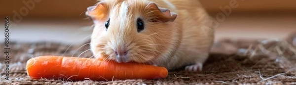 Fototapeta Guinea pig munching on a carrot, highlighting small pet care
