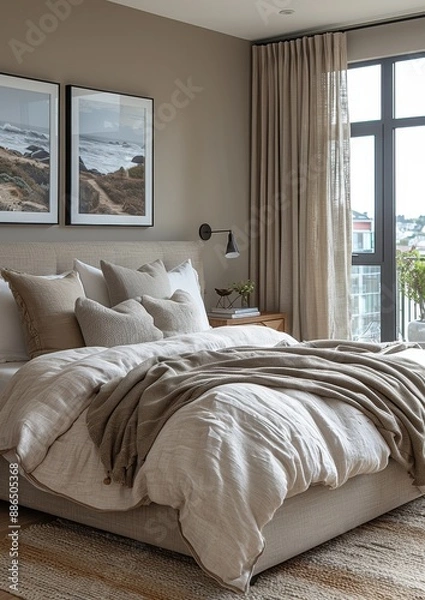 Fototapeta Contemporary Bedroom A sleek bedroom with a platform bed, neutral color palette, and floor-to-ceiling windows. Add a modern art piece above the bed and a minimalist nightstand.