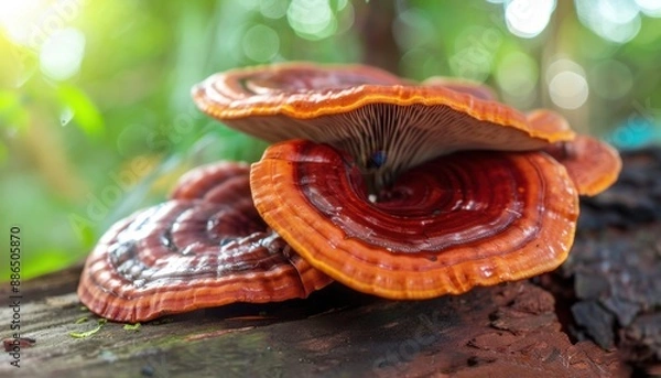 Obraz Red Reishi Mushrooms Growing On Log In Forest