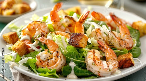 Fototapeta Caesar salad topped with grilled shrimp, croutons, and a zesty Caesar dressing, on a white plate