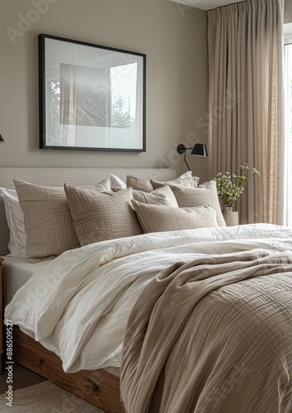 Fototapeta Contemporary Bedroom A sleek bedroom with a platform bed, neutral color palette, and floor-to-ceiling windows. Add a modern art piece above the bed and a minimalist nightstand.