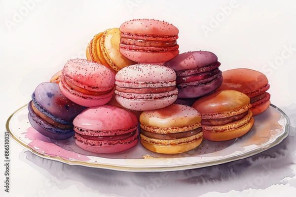 Fototapeta A charming watercolor illustration of a stack of colorful macarons, each macaron painted with vibrant shades and placed neatly on a white porcelain plate