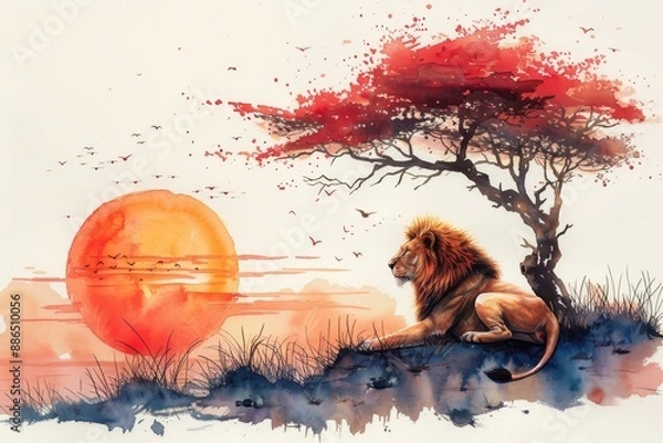 Fototapeta A gentle watercolor illustration of a majestic lion resting under the shade of an acacia tree on the African savannah, with warm sunset hues in the background