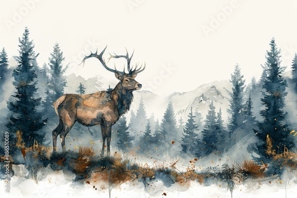 Fototapeta A majestic stag standing in a misty forest, painted with delicate watercolor layers, in the style of watercolor art, white background