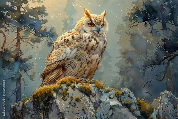 Fototapeta A peaceful watercolor illustration of a wise owl perched on a mossy tree branch at twilight, with a soft, misty forest background enhancing its mysterious aura