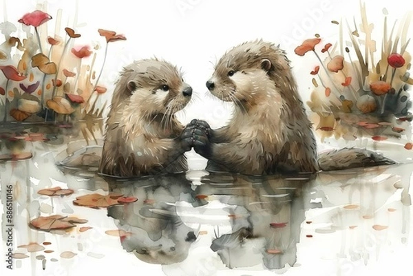Fototapeta A playful watercolor depiction of otters holding hands while floating on a tranquil river, in the style of watercolor art, white background
