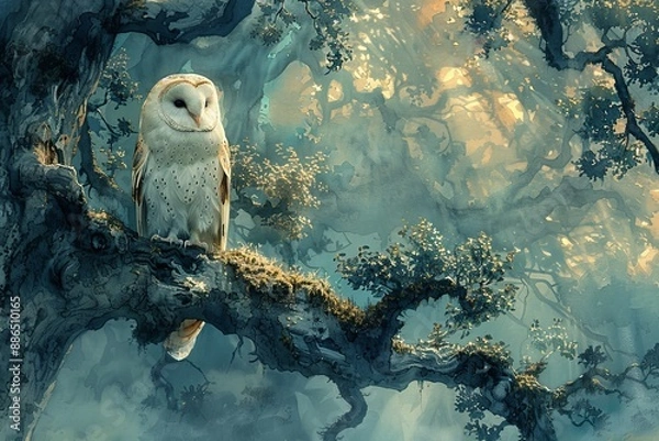 Fototapeta A peaceful watercolor illustration of a wise owl perched on a mossy tree branch at twilight, with a soft, misty forest background enhancing its mysterious aura