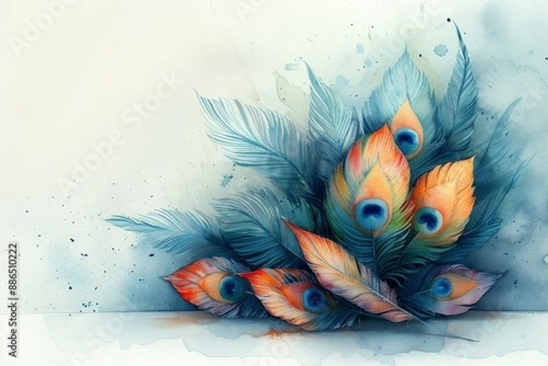 Fototapeta A serene watercolor illustration of a cluster of feathers a mix of peacock and soft dove feathers delicately arranged on a smooth white surface