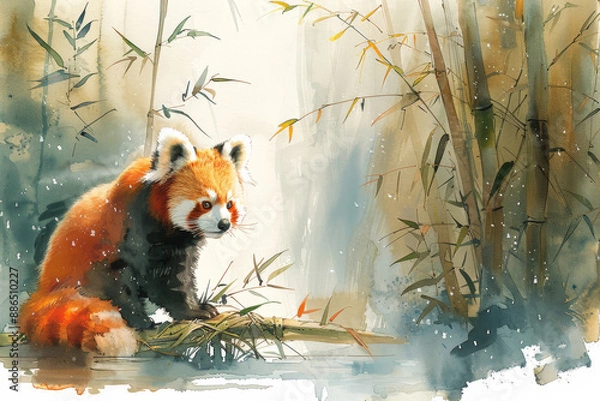 Fototapeta A playful watercolor illustration of a pair of red pandas frolicking among bamboo shoots in a lush forest setting, with dappled sunlight filtering through the canopy