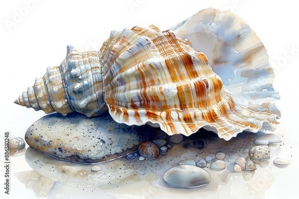 Fototapeta A serene watercolor illustration of a delicate seashell, with intricate patterns and pearlescent hues, resting on a smooth white beach pebble