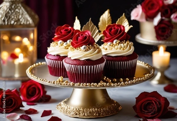 Obraz delicious fluffy red velvet cupcakes cream cheese frosting sweet treats lovers, dessert, bakery, moist, soft, tasty, homemade, baking, celebration, party, birthday,