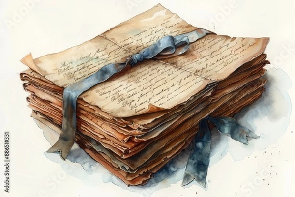 Fototapeta A serene watercolor illustration of a stack of old-fashioned love letters, tied with a satin ribbon, on a clean white background
