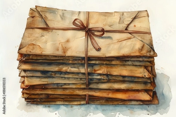 Fototapeta A serene watercolor illustration of a stack of old-fashioned love letters, tied with a satin ribbon, on a clean white background