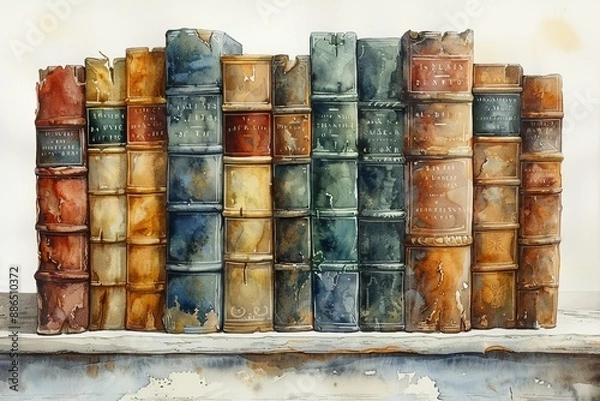 Fototapeta A serene watercolor illustration of a stack of vintage books, with worn leather covers and yellowed pages, arranged neatly on a plain white bookshelf