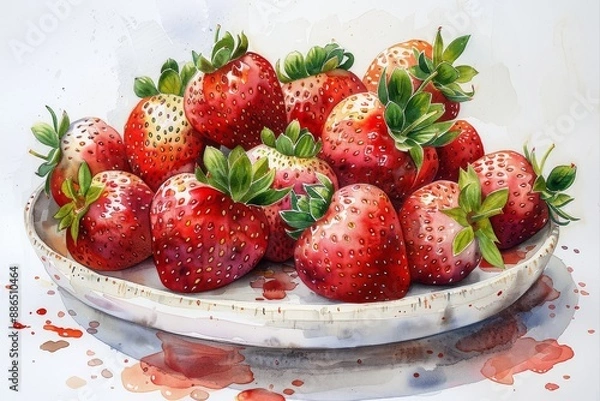 Fototapeta A vibrant watercolor illustration of a cluster of ripe strawberries, with juicy red fruits and green leaves, arranged beautifully on a clean white porcelain plate