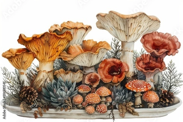 Fototapeta A whimsical watercolor illustration of a cluster of wild mushrooms, with various shapes and earthy tones, arranged neatly on a white porcelain plate