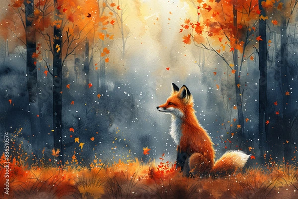 Fototapeta A whimsical watercolor illustration of a curious fox exploring a magical forest filled with vibrant autumn colors and scattered sunbeams