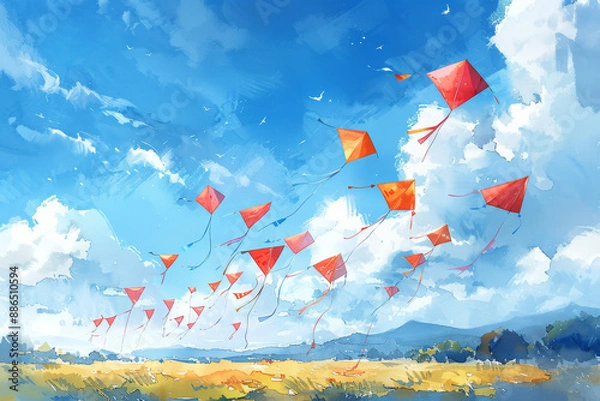 Fototapeta A whimsical watercolor illustration of a collection of colorful kites, soaring high against a clear blue sky, with their tails trailing elegantly on a clean white surface