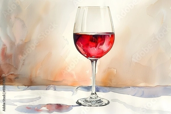 Fototapeta An elegant watercolor illustration of a crystal wine glass, filled with deep red wine, reflecting light and shadows on a plain white linen tablecloth
