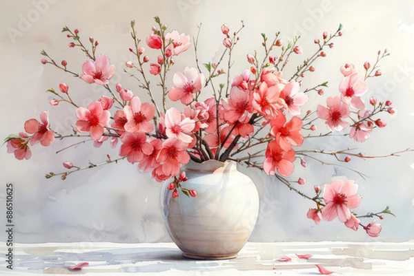 Fototapeta An elegant watercolor illustration of a bouquet of delicate cherry blossoms, with soft pink petals and slender branches, placed gracefully on a pristine white porcelain vase