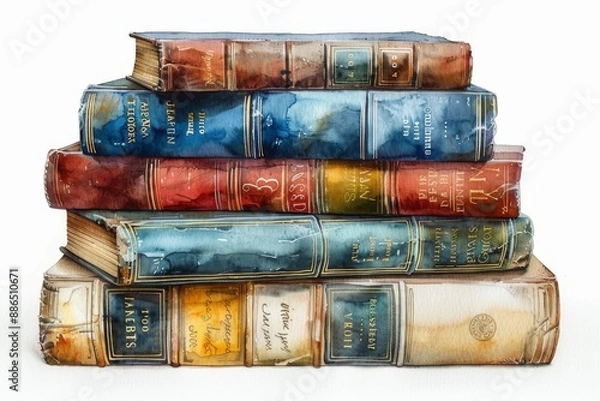 Fototapeta whimsical watercolor illustration of a stack of old books, with worn covers and pages slightly fanned out, creating a nostalgic and cozy atmosphere against a clean white backdrop