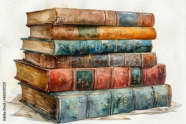 Fototapeta whimsical watercolor illustration of a stack of old books, with worn covers and pages slightly fanned out, creating a nostalgic and cozy atmosphere against a clean white backdrop