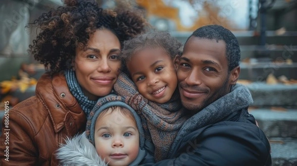 Fototapeta Happy family of four posing together in autumn park, smiling and enjoying quality time, showcasing bond and affection.