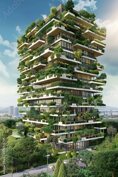 Fototapeta Multi storey living building with green gardens in the balconies Generative Ai